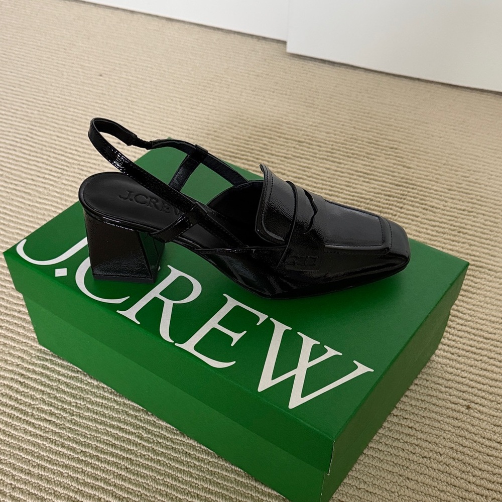 J. Crew Bianca Glossy Black Block Heel Slingbacks